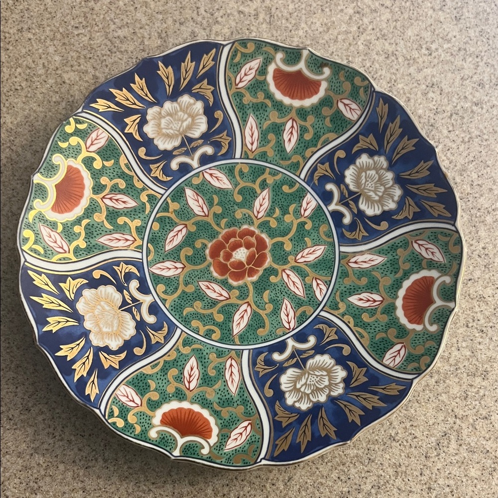 Vintage Floral Dinner Plate with Blue and Green Accents